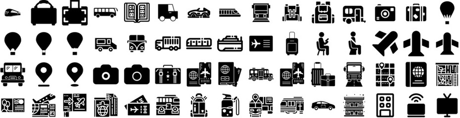 Set Of Travel Icons Isolated Silhouette Solid Icon With Journey, Airplane, Tourism, Holiday, Vacation, Travel, Trip Infographic Simple Vector Illustration Logo