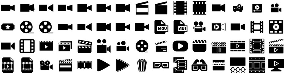 Set Of Movie Icons Isolated Silhouette Solid Icon With Film, Movie, Theater, Video, Entertainment, Illustration, Cinema Infographic Simple Vector Illustration Logo