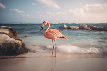 Pink flamingo at beach in Aruba - obrazy, fototapety, plakaty