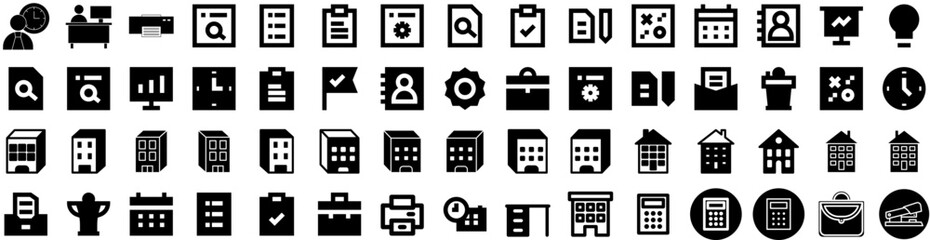 Set Of Office Icons Isolated Silhouette Solid Icon With Business, Office, Table, Desk, Modern, Work, Computer Infographic Simple Vector Illustration Logo