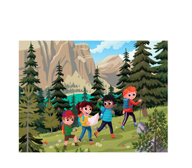 a group of friends are hiking in the mountains. Friends character concept with tools on trip in forest and river background. Vector illustration.