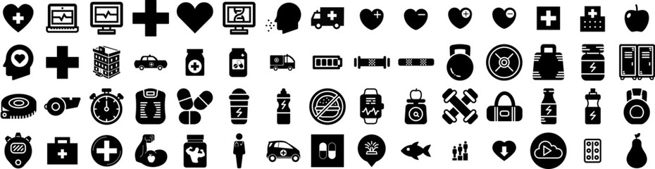 Set Of Health Icons Isolated Silhouette Solid Icon With Care, Symbol, Concept, Health, People, Medicine, Mental Infographic Simple Vector Illustration Logo