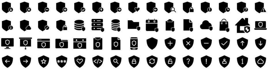 Set Of Shield Icons Isolated Silhouette Solid Icon With Sign, Design, Shield, Security, Symbol, Protect, Protection Infographic Simple Vector Illustration Logo