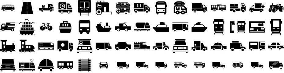 Set Of Transport Icons Isolated Silhouette Solid Icon With Ship, Plane, Transport, Traffic, Cargo, Truck, Transportation Infographic Simple Vector Illustration Logo