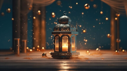 Obraz premium ramadan kareem with ornamental arabic lantern burning glowing candle and blank space on left side, Generative AI