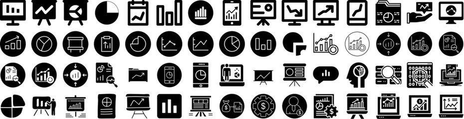 Set Of Analytics Icons Isolated Silhouette Solid Icon With Financial, Graph, Finance, Business, Technology, Data, Chart Infographic Simple Vector Illustration Logo