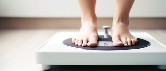 Fototapeta premium women feet on weight scale diet concept