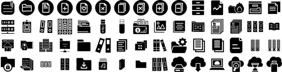 Set Of Files Icons Isolated Silhouette Solid Icon With Information, Office, Management, Business, Computer, Document, File Infographic Simple Vector Illustration Logo