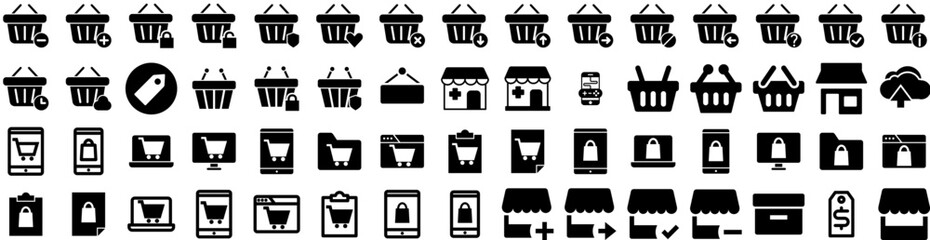 Set Of Store Icons Isolated Silhouette Solid Icon With Sale, Shop, Market, Business, Supermarket, Retail, Store Infographic Simple Vector Illustration Logo