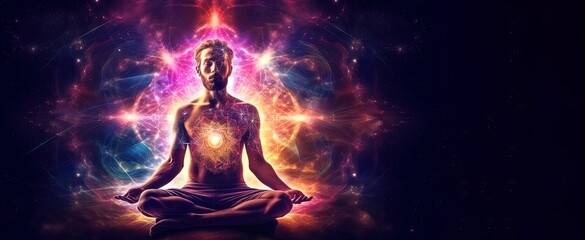 Man in yoga pose with heart chakra opening, space and cosmos joining to meditation. Spirituality. Generative AI.