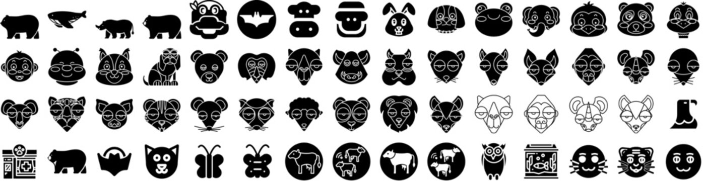 Set Of Animal Icons Isolated Silhouette Solid Icon With Cartoon, Animal, Set, Illustration, Wildlife, Cute, Character Infographic Simple Vector Illustration Logo