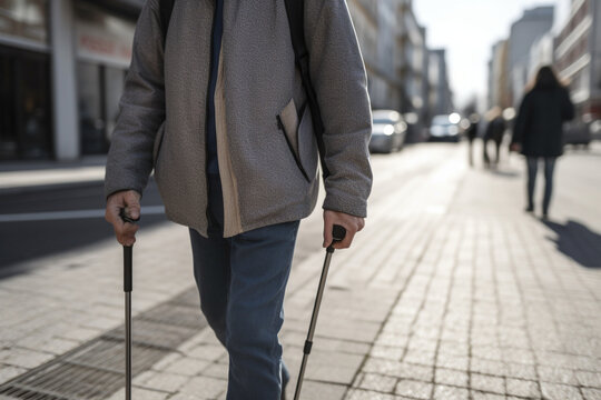 Midsection of young blind man with white cane walking across the street in city,