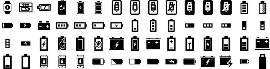 Set Of Battery Icons Isolated Silhouette Solid Icon With Energy, Industry, Electricity, Technology, Battery, Power, Electric Infographic Simple Vector Illustration Logo