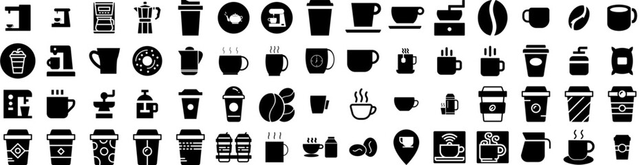 Set Of Coffee Icons Isolated Silhouette Solid Icon With Drink, Background, Beverage, Black, Cafe, Coffee, Espresso Infographic Simple Vector Illustration Logo
