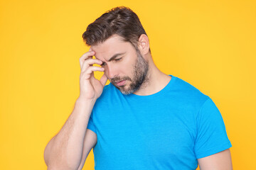 Portrait of thinking man with confused puzzled face on studio isolated background. Man thinking,...
