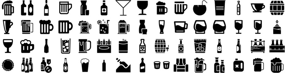 Set Of Alcohol Icons Isolated Silhouette Solid Icon With Background, Beverage, Alcoholic, Whiskey, Glass, Drink, Alcohol Infographic Simple Vector Illustration Logo