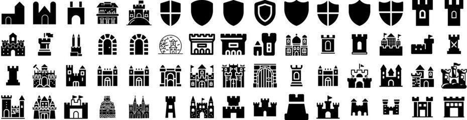 Set Of Castle Icons Isolated Silhouette Solid Icon With Medieval, Castle, Fantasy, Palace, Old, Building, Architecture Infographic Simple Vector Illustration Logo