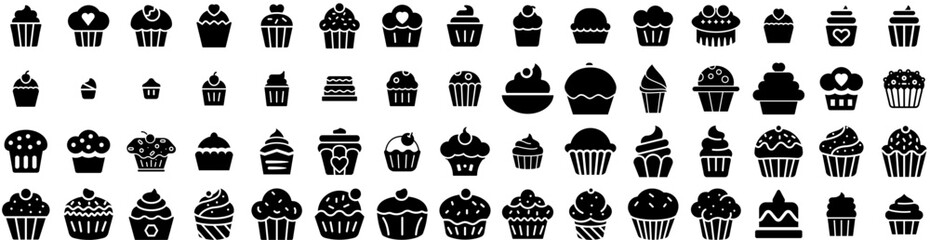 Set Of Cupcake Icons Isolated Silhouette Solid Icon With Dessert, Cupcake, Sweet, Food, Frosting, Cake, Isolated Infographic Simple Vector Illustration Logo