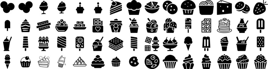Set Of Dessert Icons Isolated Silhouette Solid Icon With Bakery, Dessert, Delicious, Food, Sweet, Pastry, Cake Infographic Simple Vector Illustration Logo