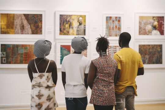 Rear View Of African Young People Looking At Paintings On The Wall At Art Gallery