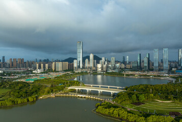 Obraz premium Shenzhen ,China - Circa 2022: Aerial view of landscape in shenzhen city, China