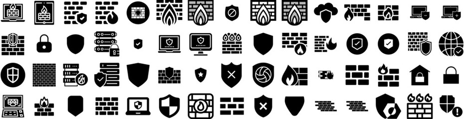 Set Of Firewall Icons Isolated Silhouette Solid Icon With Security, Protection, Technology, Network, Internet, Firewall, Data Infographic Simple Vector Illustration Logo