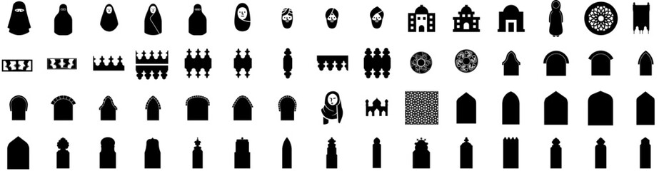 Set Of Islamic Icons Isolated Silhouette Solid Icon With Art, Background, Ramadan, Design, Pattern, Islamic, Muslim Infographic Simple Vector Illustration Logo