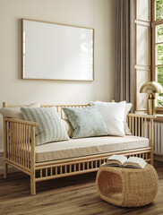 Home mockup, frame in interior background, room in light pastel colors, 3d render