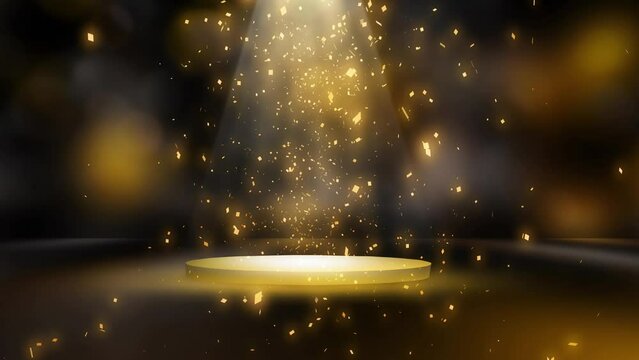 golden glittering confetti on festive stage with light beam and pedestal in the middle, empty room at night for award ceremony, holiday, New Year's party or product presentations