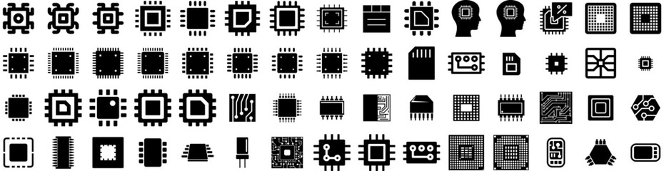 Set Of Microchip Icons Isolated Silhouette Solid Icon With Hardware, Computer, Technology, Chip, Processor, Microchip, Circuit Infographic Simple Vector Illustration Logo