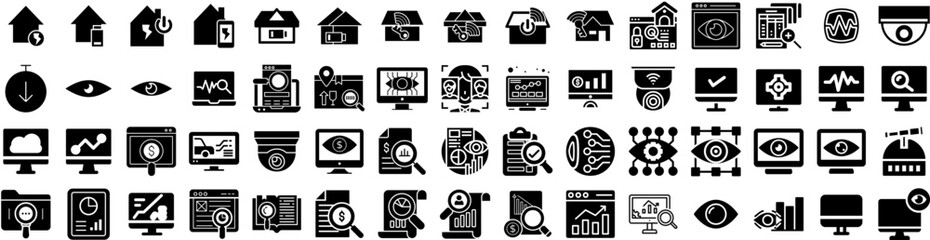 Set Of Monitoring Icons Isolated Silhouette Solid Icon With Screen, Business, Monitor, Computer, Display, Technology, Desktop Infographic Simple Vector Illustration Logo