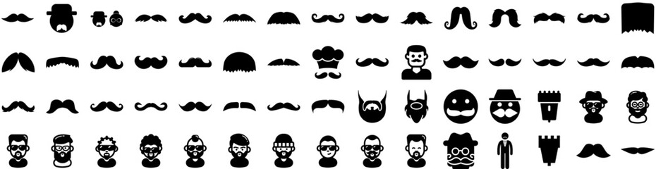 Fototapeta premium Set Of Mustache Icons Isolated Silhouette Solid Icon With Hair, Style, Facial, Retro, Mustache, Curly, Black Infographic Simple Vector Illustration Logo