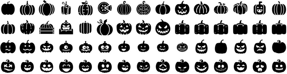 Set Of Pumpkin Icons Isolated Silhouette Solid Icon With Pumpkin, Halloween, Orange, Decoration, October, Isolated, Autumn Infographic Simple Vector Illustration Logo