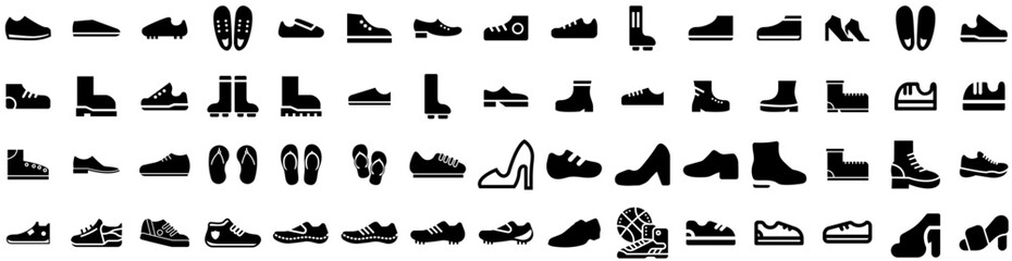 Set Of Shoes Icons Isolated Silhouette Solid Icon With Fashion, Foot, Shoe, Background, Casual, Footwear, Isolated Infographic Simple Vector Illustration Logo