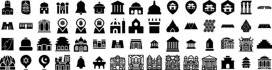 Set Of Temple Icons Isolated Silhouette Solid Icon With Monument, Temple, Architecture, Religion, Ancient, Culture, Stone Infographic Simple Vector Illustration Logo