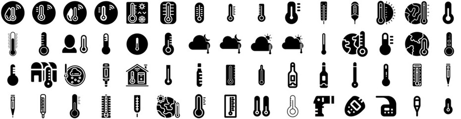 Set Of Thermometer Icons Isolated Silhouette Solid Icon With Hot, Heat, Temperature, Thermometer, Cold, Measurement, Celsius Infographic Simple Vector Illustration Logo