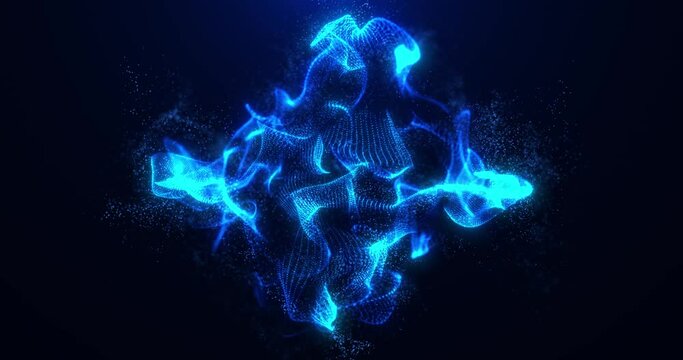 Motion of abstract digital shapes and waves, flying particles of dust and smoke, animated tech wavy background with light movement. Seamless loop 4k video. Screensaver