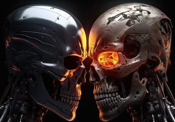 Two skulls terminator look at each other black background. Generative Ai.