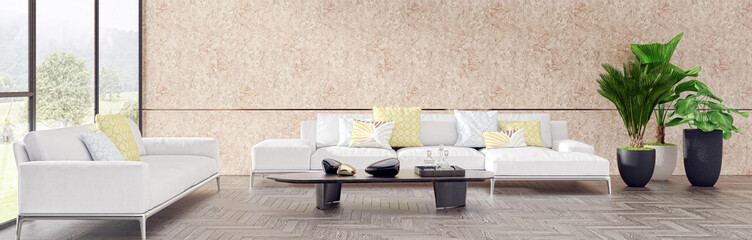Large luxury modern bright interiors Living room mockup banner illustration 3D rendering computer digitally generated image