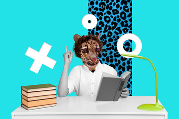 Creative collage picture of black white colors schoolboy read book point finger desktop lamp...