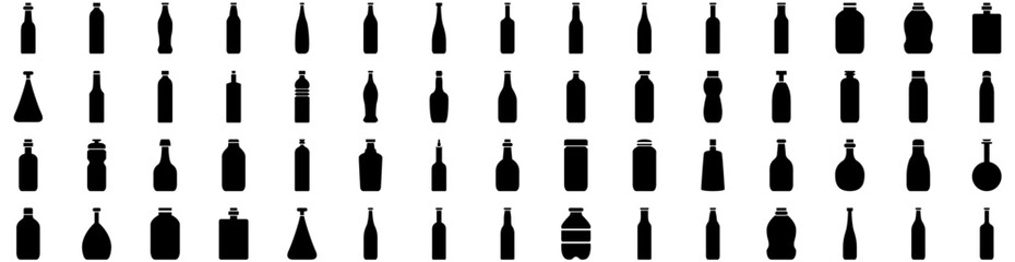 Set Of Bottle Icons Isolated Silhouette Solid Icon With Drink, Container, Vector, White, Bottle, Design, Isolated Infographic Simple Vector Illustration Logo