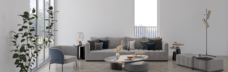 Large luxury modern bright interiors Living room mockup banner illustration 3D rendering computer digitally generated image