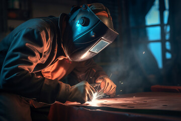 Male worker metal cutting spark on tank bottom steel plate with flash of cutting light close up wear protective gloves and mask in side confined space,