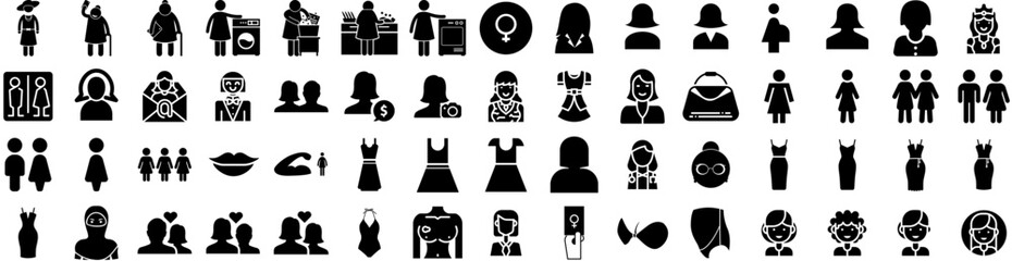 Set Of Woman Icons Isolated Silhouette Solid Icon With Background, Female, Happy, Young, Woman, Beautiful, Girl Infographic Simple Vector Illustration Logo