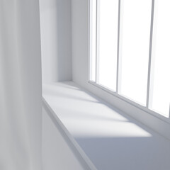 Fototapeta premium product stage at the side of the window with white curtains and transparent window 