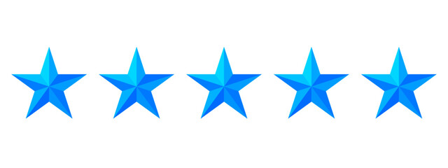 Fototapeta premium Five blue stars with a 3D effect on a transparent background – Design of five stars that can represent a rating or classification