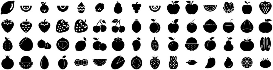 Set Of Fruit Icons Isolated Silhouette Solid Icon With Food, Healthy, Fresh, Fruit, Diet, Organic, Orange Infographic Simple Vector Illustration Logo