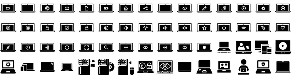 Set Of Laptop Icons Isolated Silhouette Solid Icon With Laptop, Screen, Technology, Design, Isolated, Notebook, Computer Infographic Simple Vector Illustration Logo