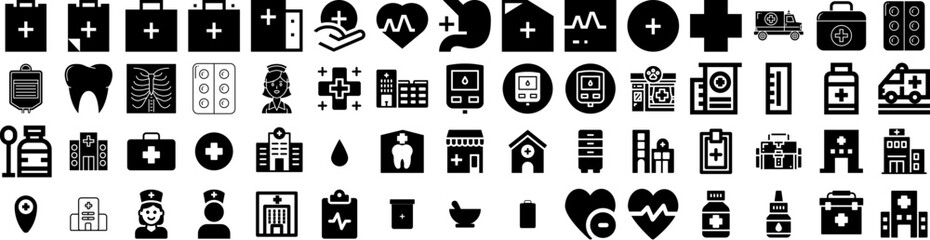Set Of Hospital Icons Isolated Silhouette Solid Icon With Patient, Health, Doctor, Hospital, Care, Clinic, Medical Infographic Simple Vector Illustration Logo