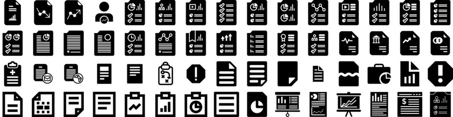 Set Of Report Icons Isolated Silhouette Solid Icon With Data, Report, Finance, Financial, Chart, Business, Analysis Infographic Simple Vector Illustration Logo